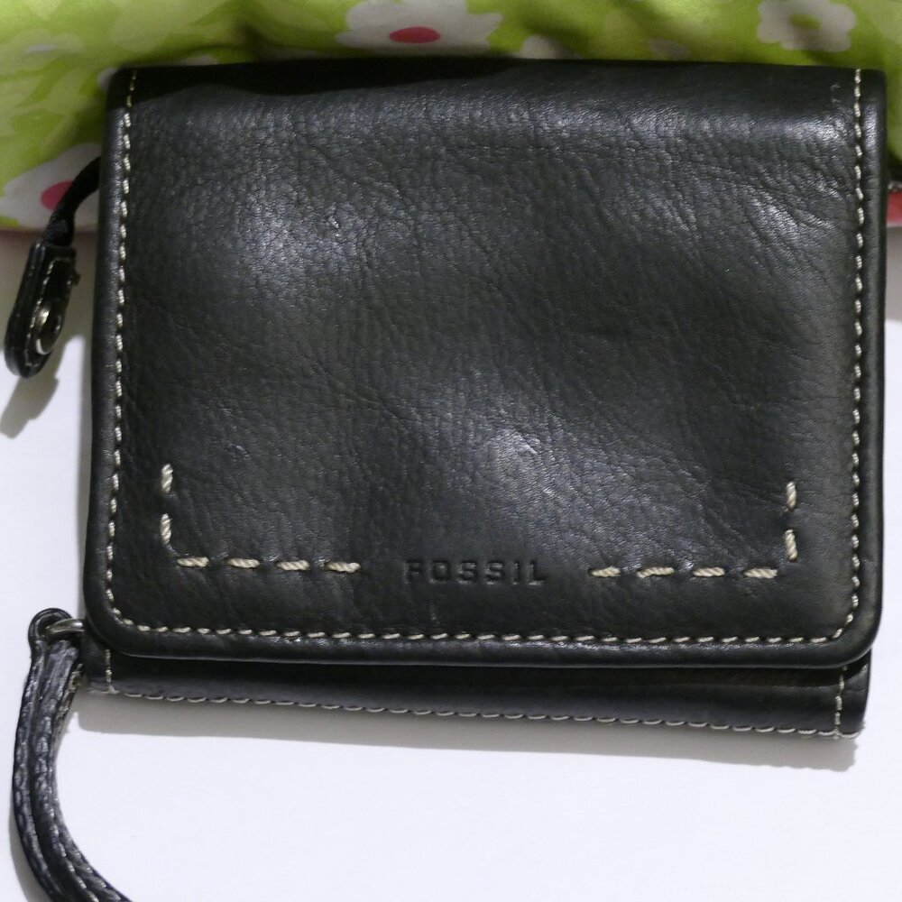 Vintage FOSSIL Pop Stitch Black Leather Wallet/Clutch/Wristlet